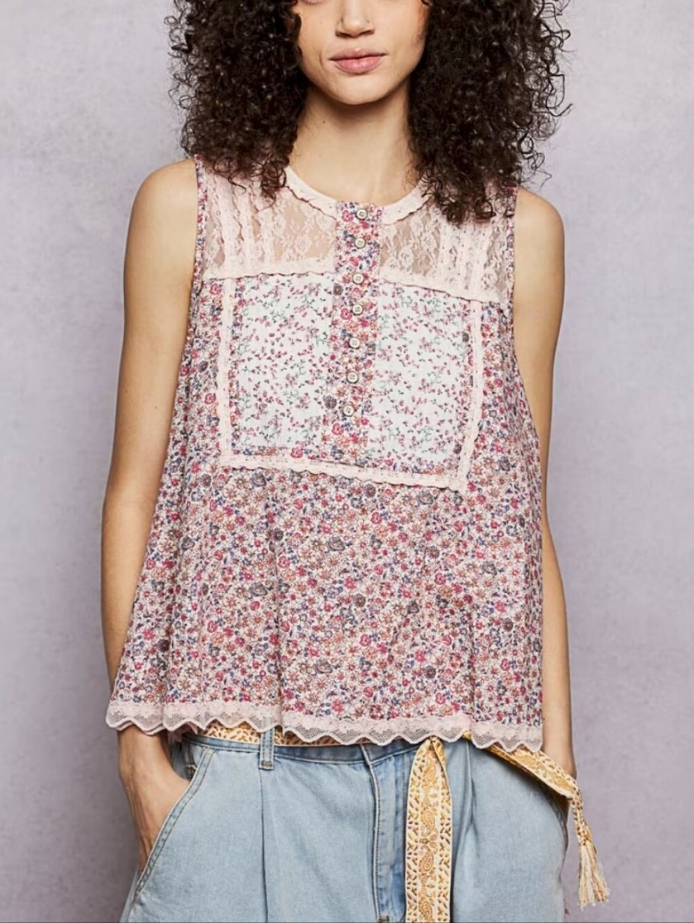 327.POL Bohemian Sleeveless Pink Floral Lace Tank Top
